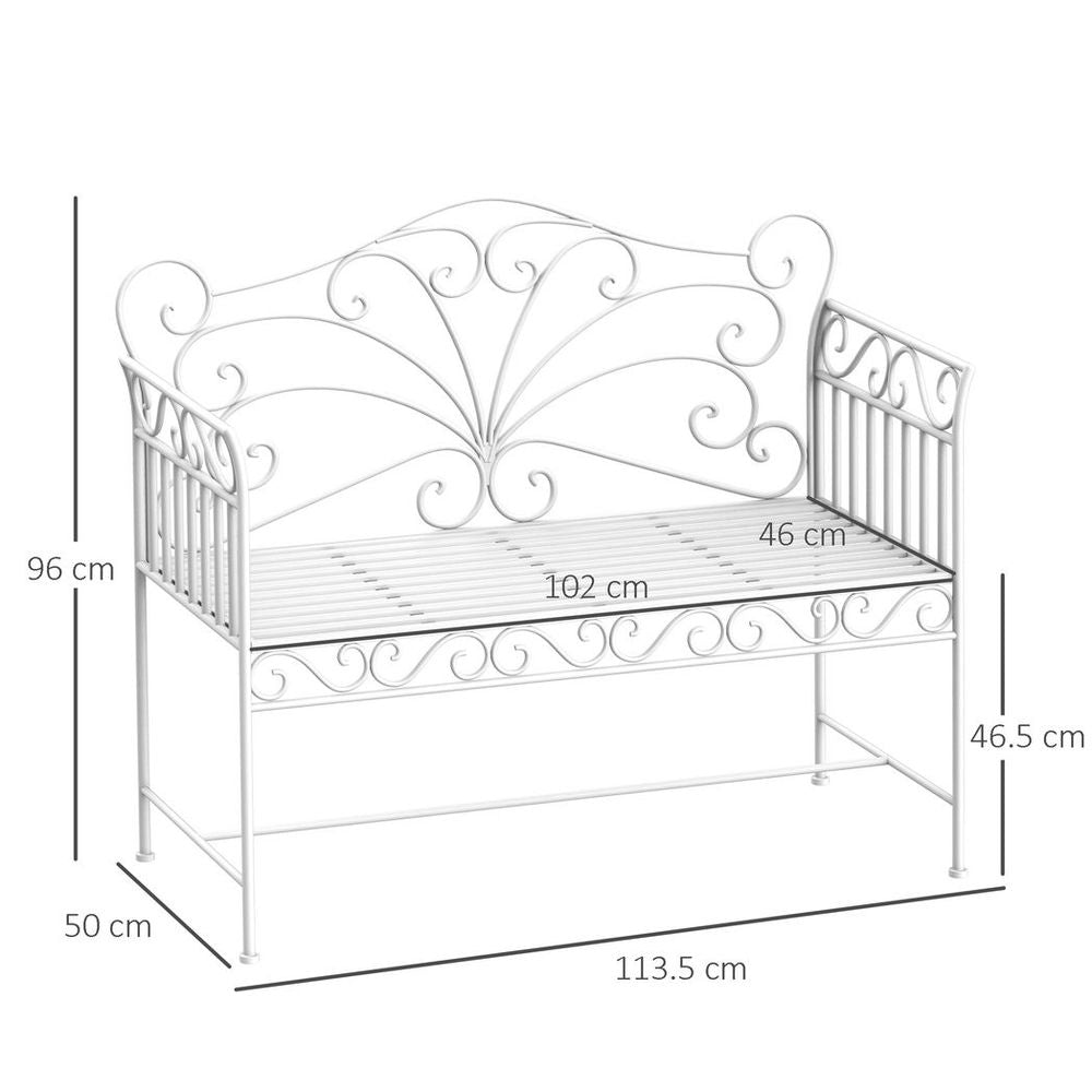 2 Seater Metal Bench Park Seating Outdoor Furniture Chair w/ Backrest White - SILVIONIX