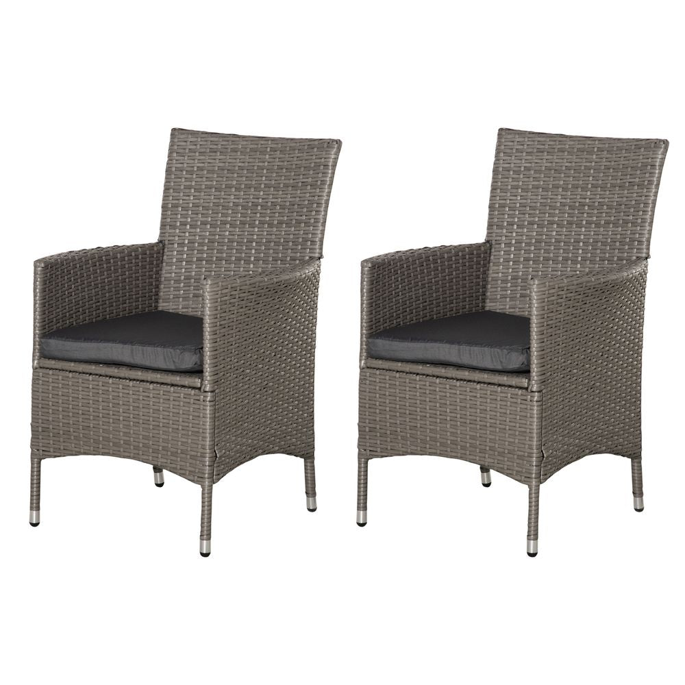 2 Seater Outdoor Rattan Armchair Dining Chair Garden Armrests Cushions Grey - SILVIONIX