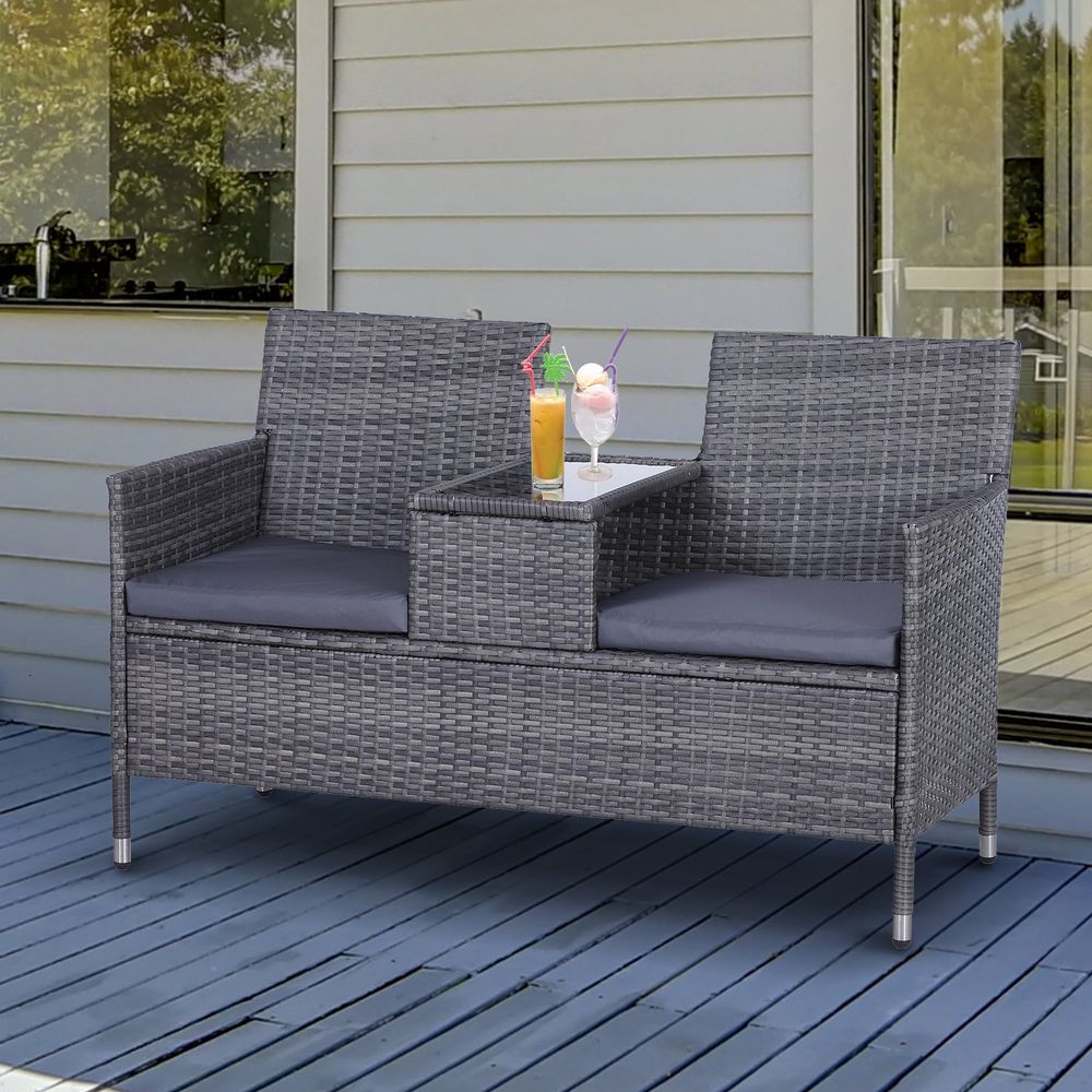 2 - Seater PE Rattan Outdoor Garden Bench w/ Centre Table - SILVIONIX