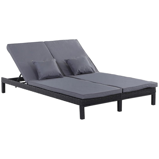 2 Seater Rattan Lounger Adjustable Cushions Black - SILVIONIX