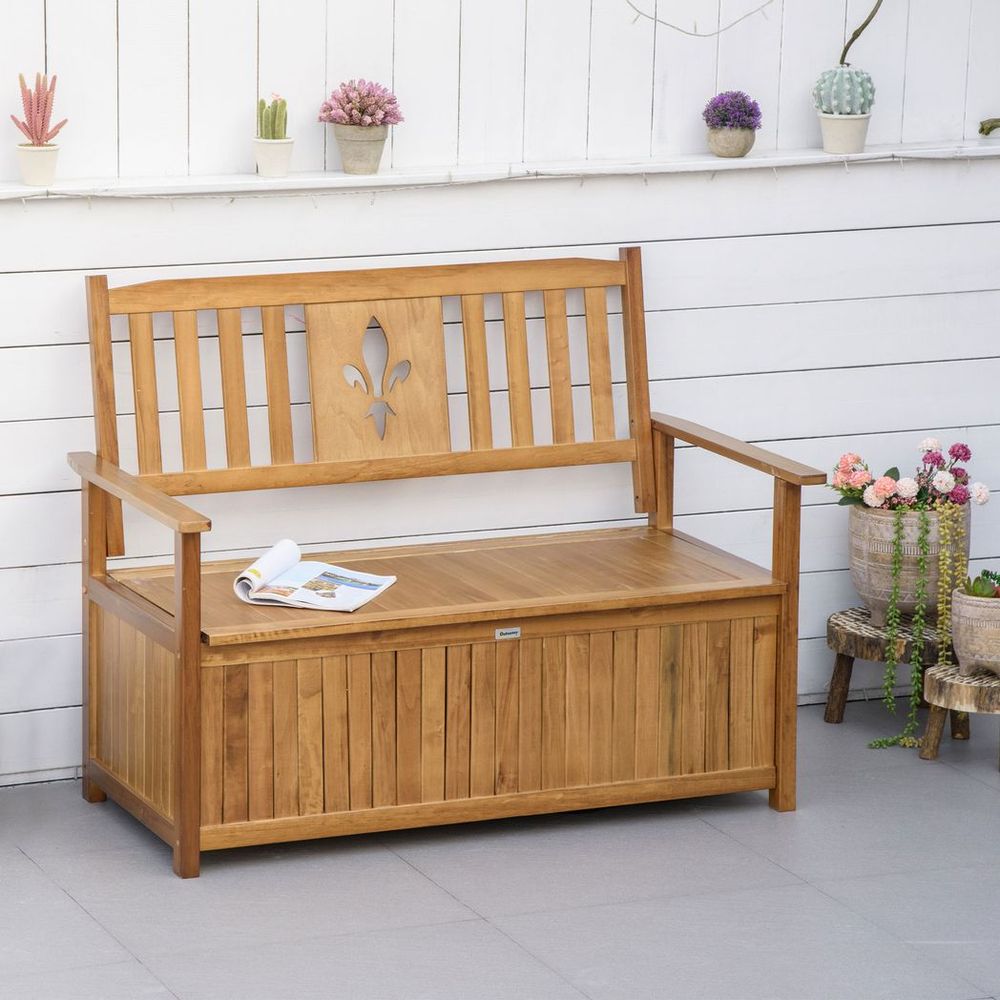 2 Seater Wood Garden Storage Bench Outdoor Storage Box Natural - SILVIONIX