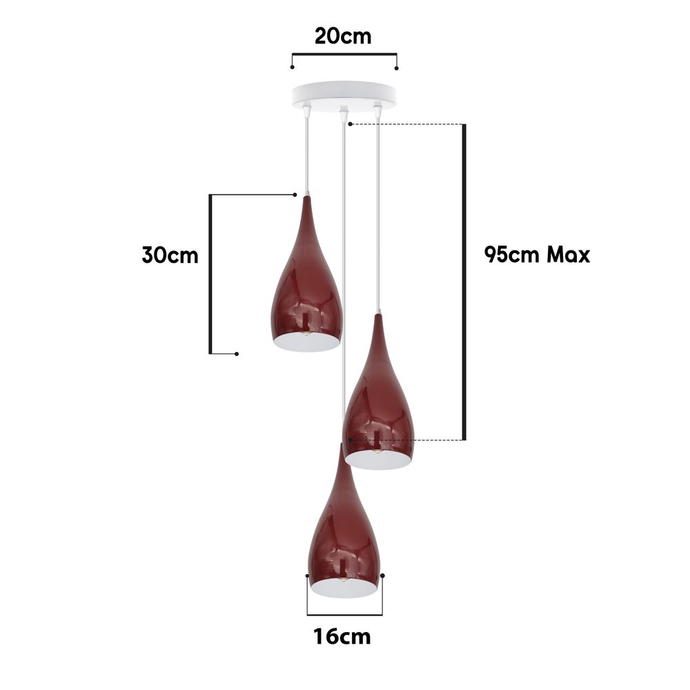 3 Head Modern Industrial Metal E27 Burgundy Teardrop Pendant Light Hanging Light Fixture - SILVIONIX