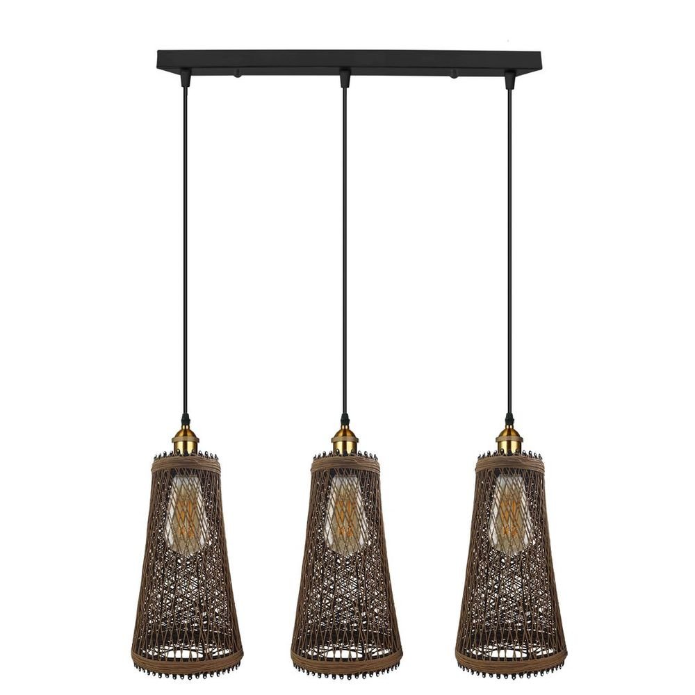 3 Head Natural Wicker Basket Style Retro Industrial Vintage Rattan Ceiling Pendant - SILVIONIX