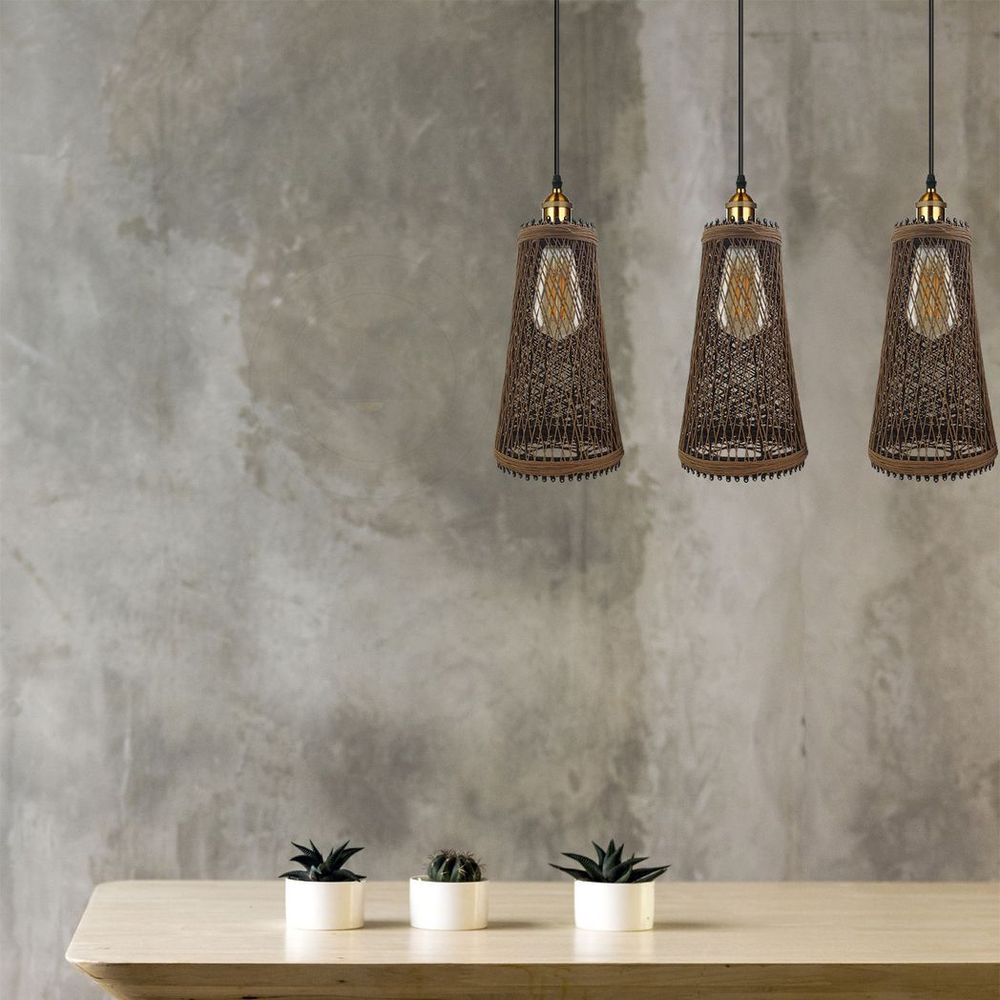 3 Head Natural Wicker Basket Style Retro Industrial Vintage Rattan Ceiling Pendant - SILVIONIX