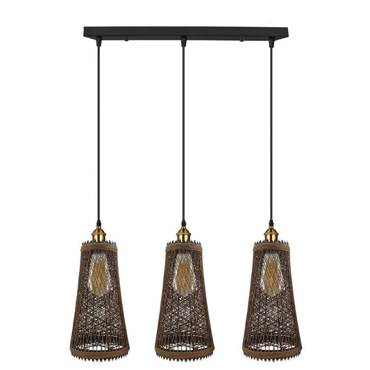 3 Head Natural Wicker Basket Style Retro Industrial Vintage Rattan Ceiling Pendant - SILVIONIX