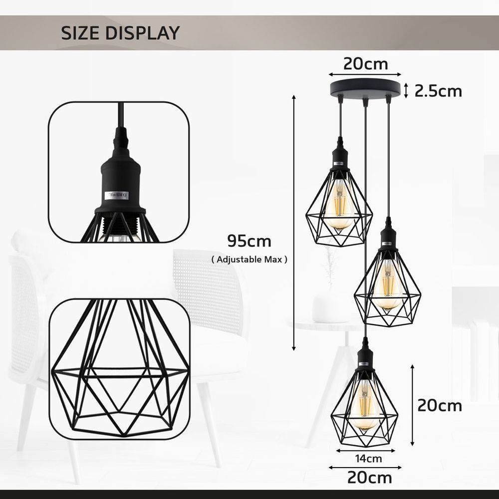 3 Head pendant Industrial Ceiling Light Fitting, Metal Vintage Lamp shade - SILVIONIX