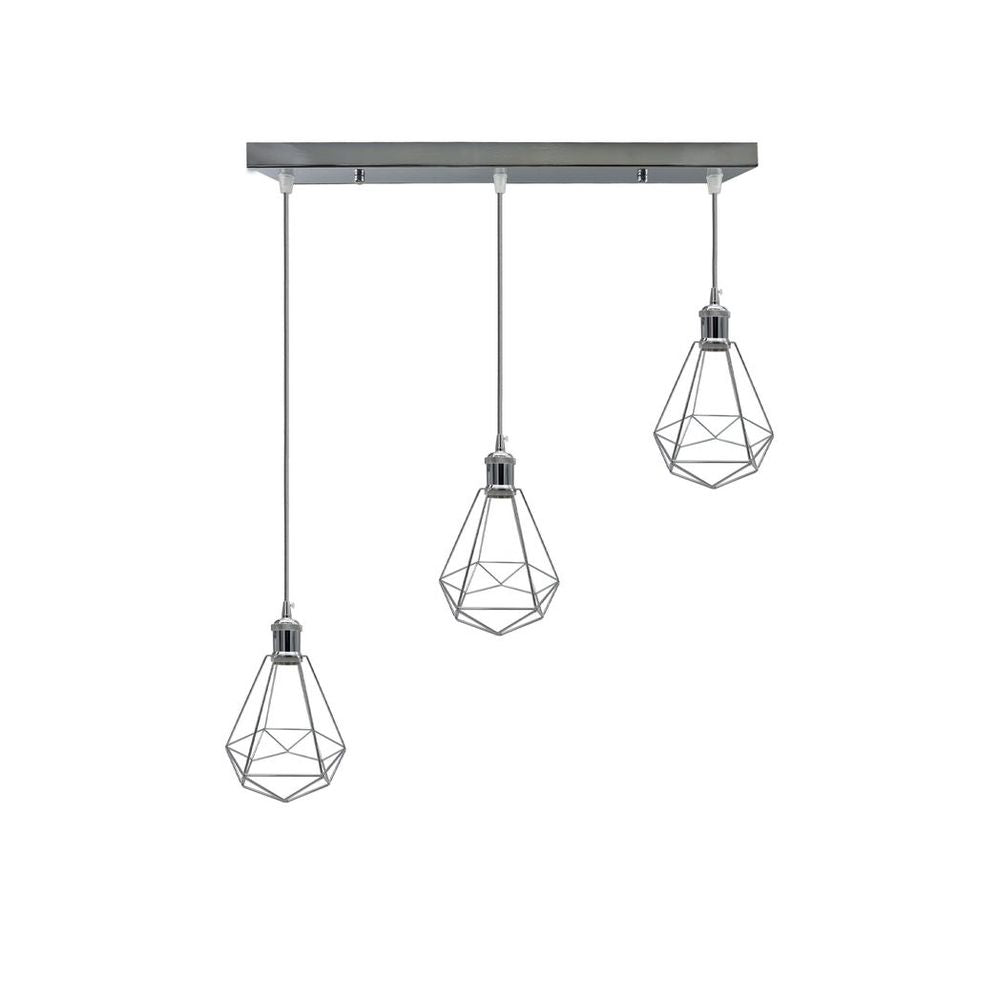 3 Head Rectangle Base Chrome Vintage Industrial E27 Ceiling Hanging Light Cage Shade - SILVIONIX