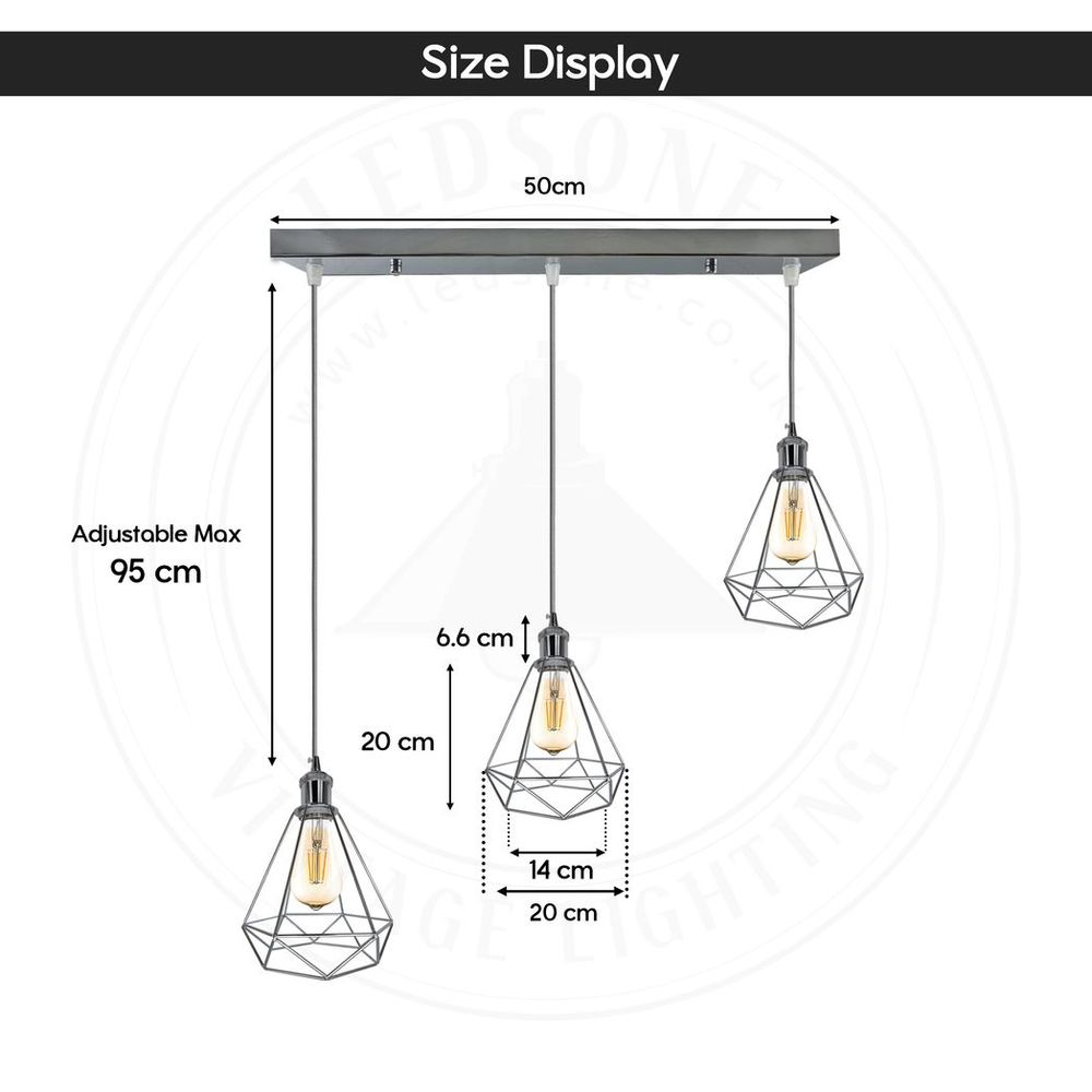 3 Head Rectangle Base Chrome Vintage Industrial E27 Ceiling Hanging Light Cage Shade - SILVIONIX