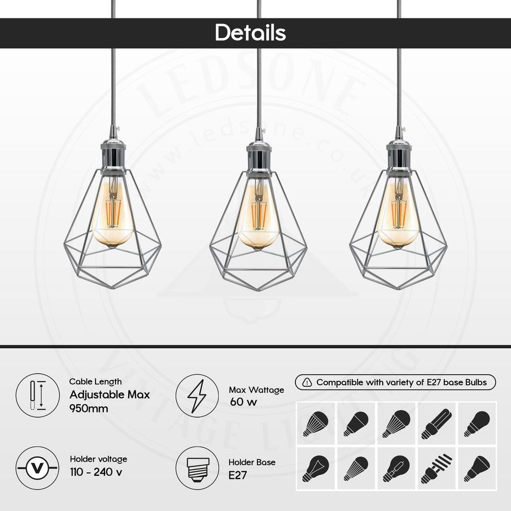 3 Head Rectangle Base Chrome Vintage Industrial E27 Ceiling Hanging Light Cage Shade - SILVIONIX