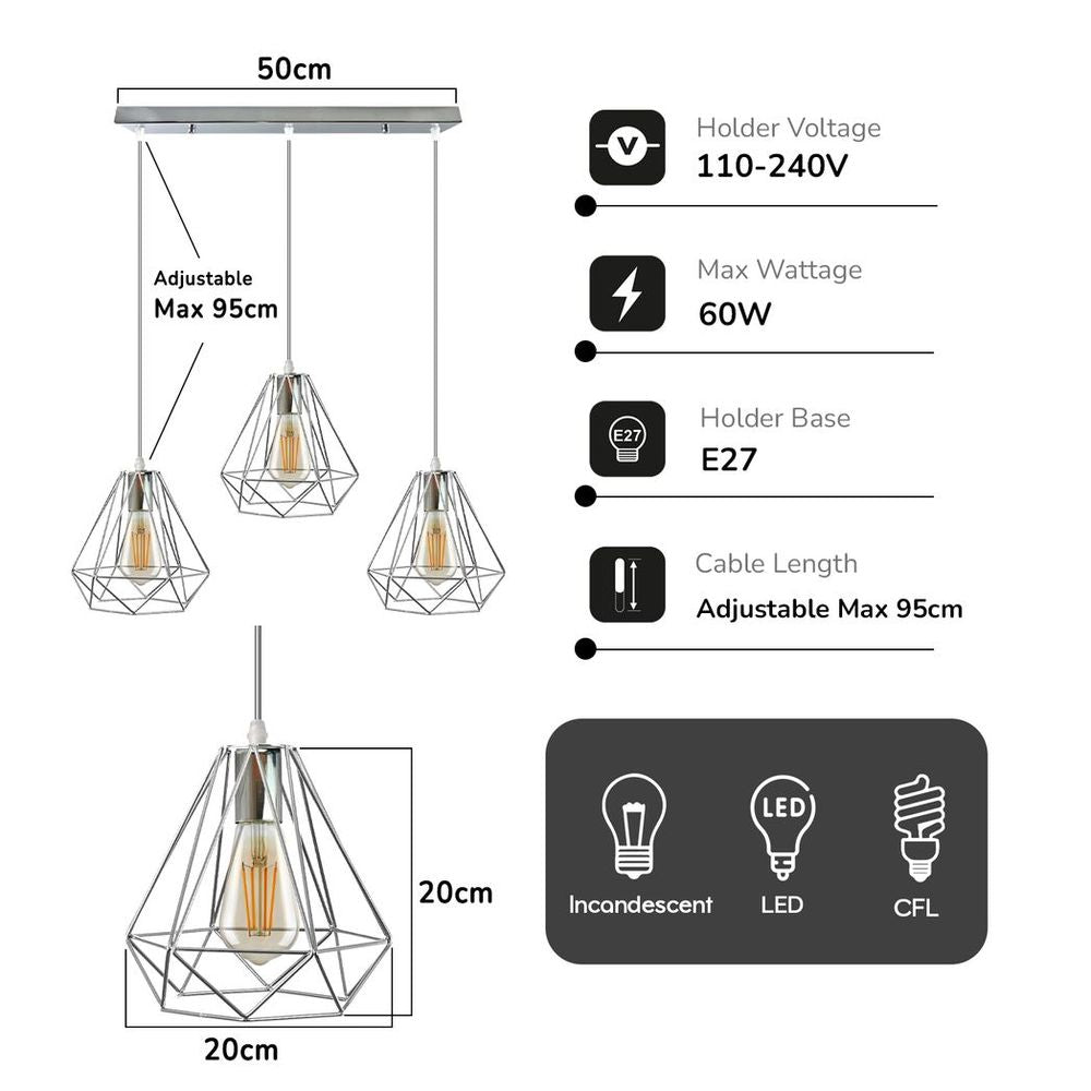 3 Head Rectangle Base Chrome Vintage Metal 20cm Diamond Wire Cage E27 Base Ceiling Pendant Light - SILVIONIX