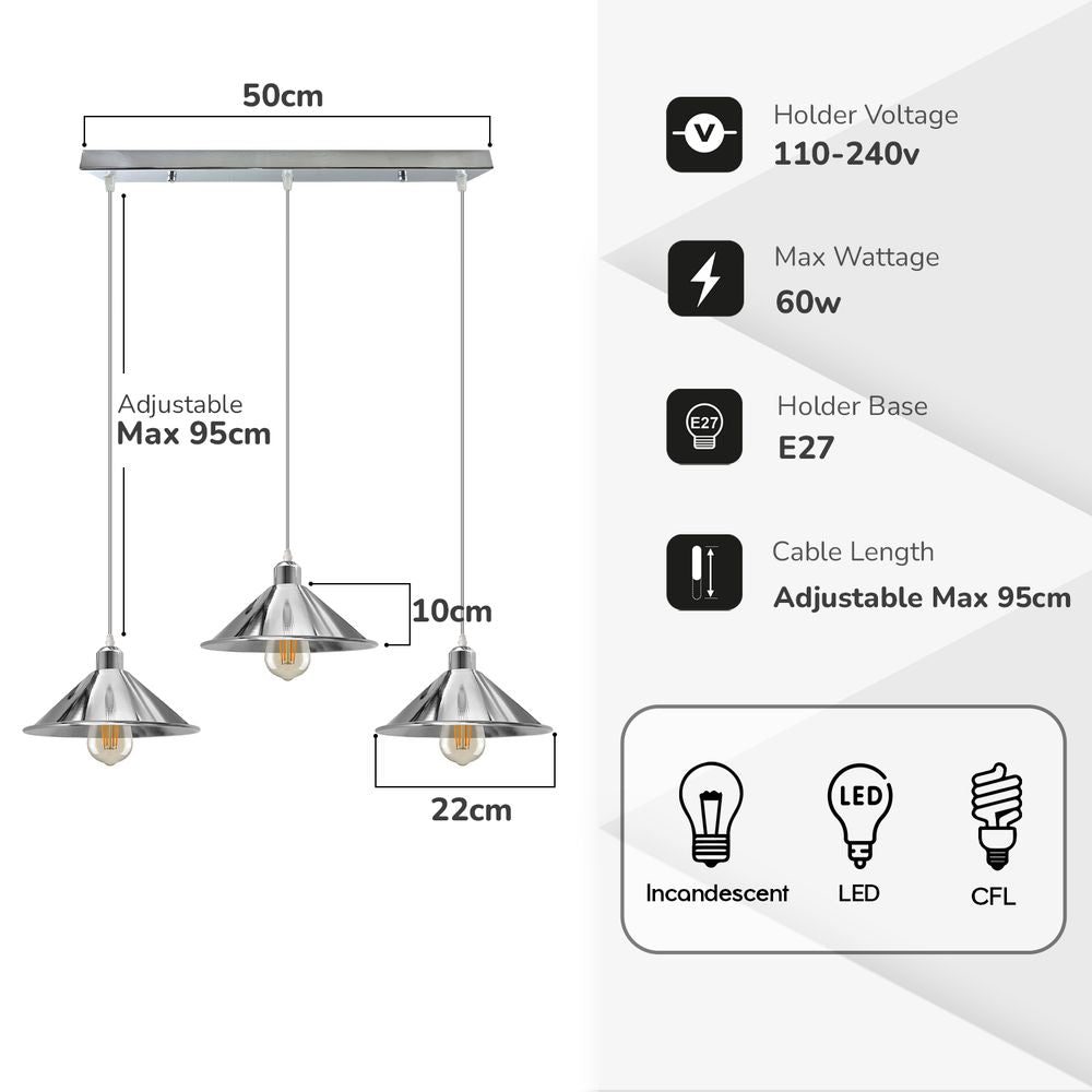 3 Head Rectangle Base Industrial Vintage Ceiling Pendant Light Shade Hanging Lamp - SILVIONIX