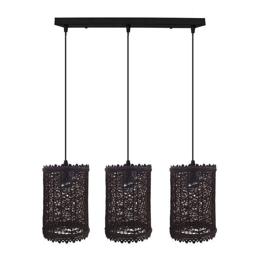 3 Head Rectangle Base Natural Wicker Rattan Ceiling Pendant Light Shade - SILVIONIX