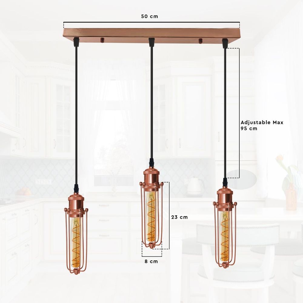 3 Head Rectangle Rose Gold Ceiling E27 Pendant Light with Wire Cage, Industrial Vintage Hanging Lamp Fixture - SILVIONIX