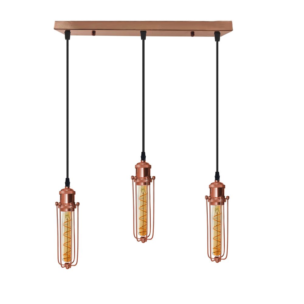 3 Head Rectangle Rose Gold Ceiling E27 Pendant Light with Wire Cage, Industrial Vintage Hanging Lamp Fixture - SILVIONIX