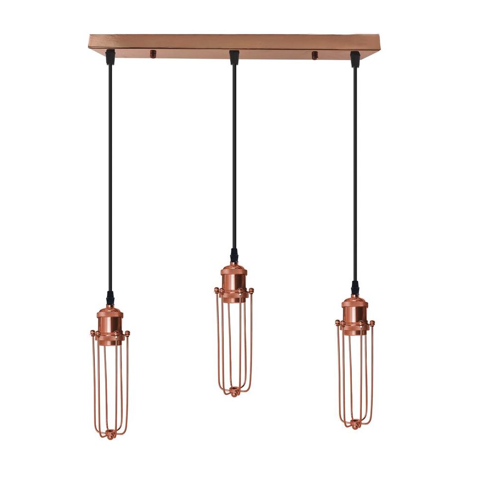 3 Head Rectangle Rose Gold Ceiling E27 Pendant Light with Wire Cage, Industrial Vintage Hanging Lamp Fixture - SILVIONIX