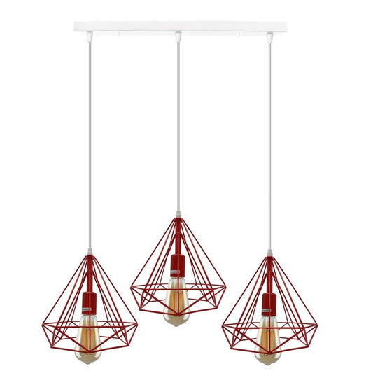 3 Head Red Rectangle Base Vintage Industrial E27 Ceiling Hanging Light Cage Shade Loft Style Metal Ceiling Pendant Lamp - SILVIONIX