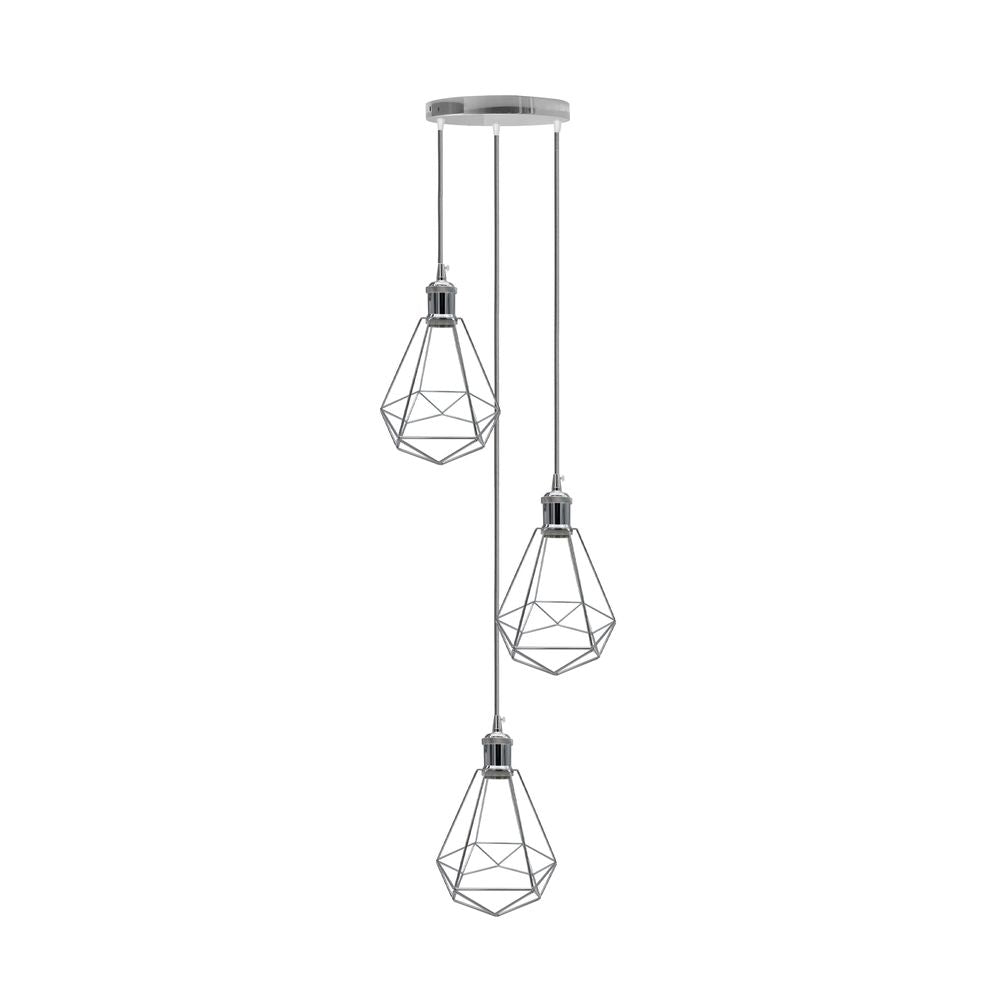 3 Head Round Base Chrome Vintage Industrial E27 Ceiling Hanging Light Cage Shade - SILVIONIX