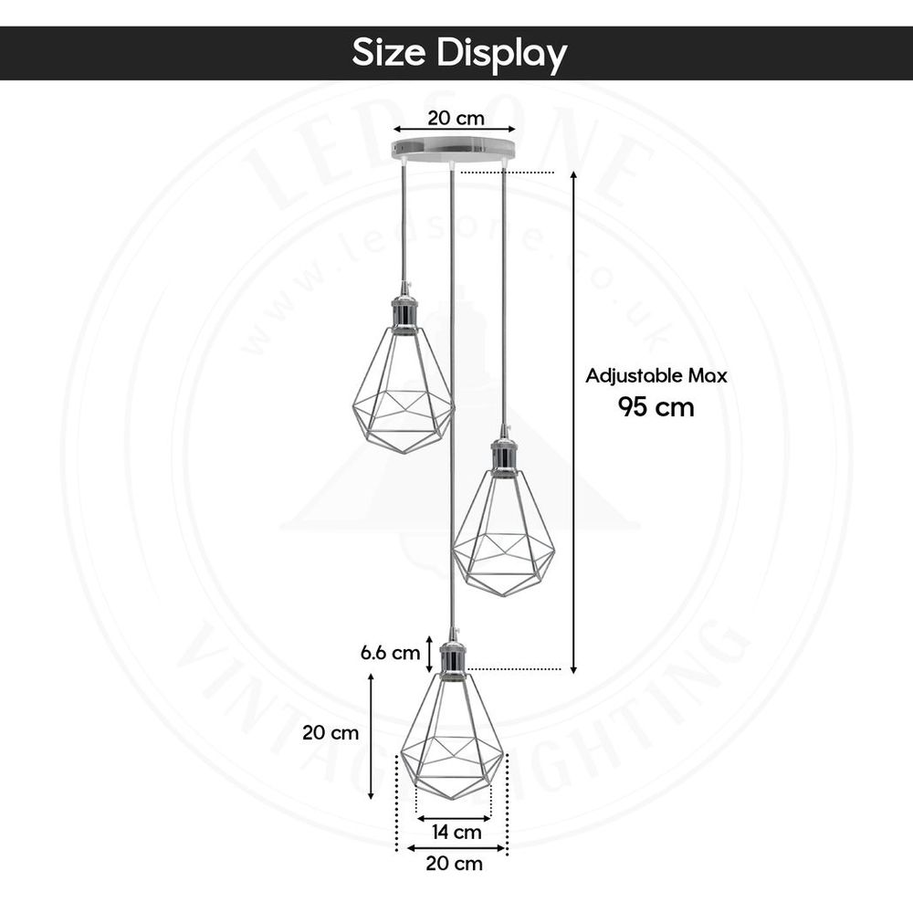 3 Head Round Base Chrome Vintage Industrial E27 Ceiling Hanging Light Cage Shade - SILVIONIX