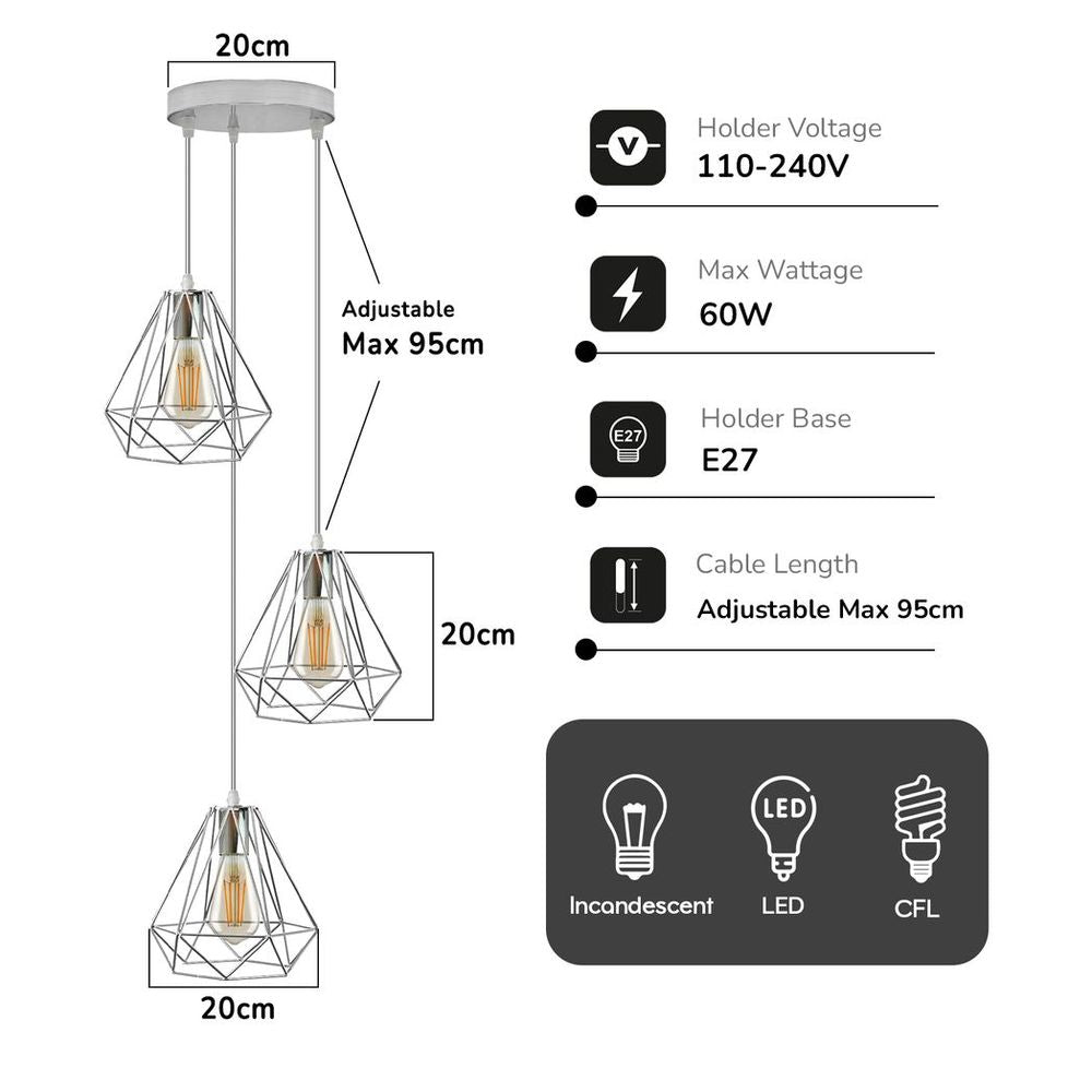 3 Head Round Base Chrome Vintage Metal 20cm Diamond Wire Cage E27 Base Ceiling Pendant Light Fitting - SILVIONIX