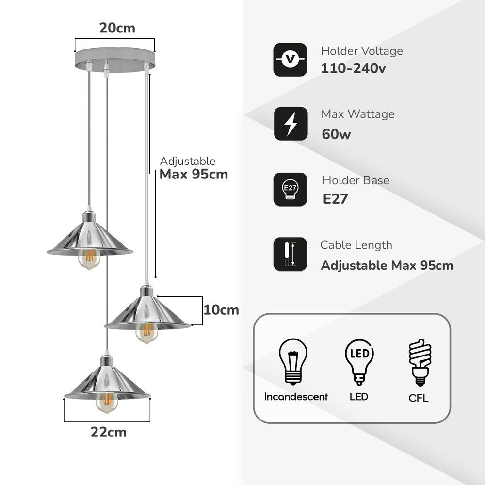 3 Head Round Base Industrial Vintage Ceiling Pendant Light Shade Hanging Lamp Light - SILVIONIX