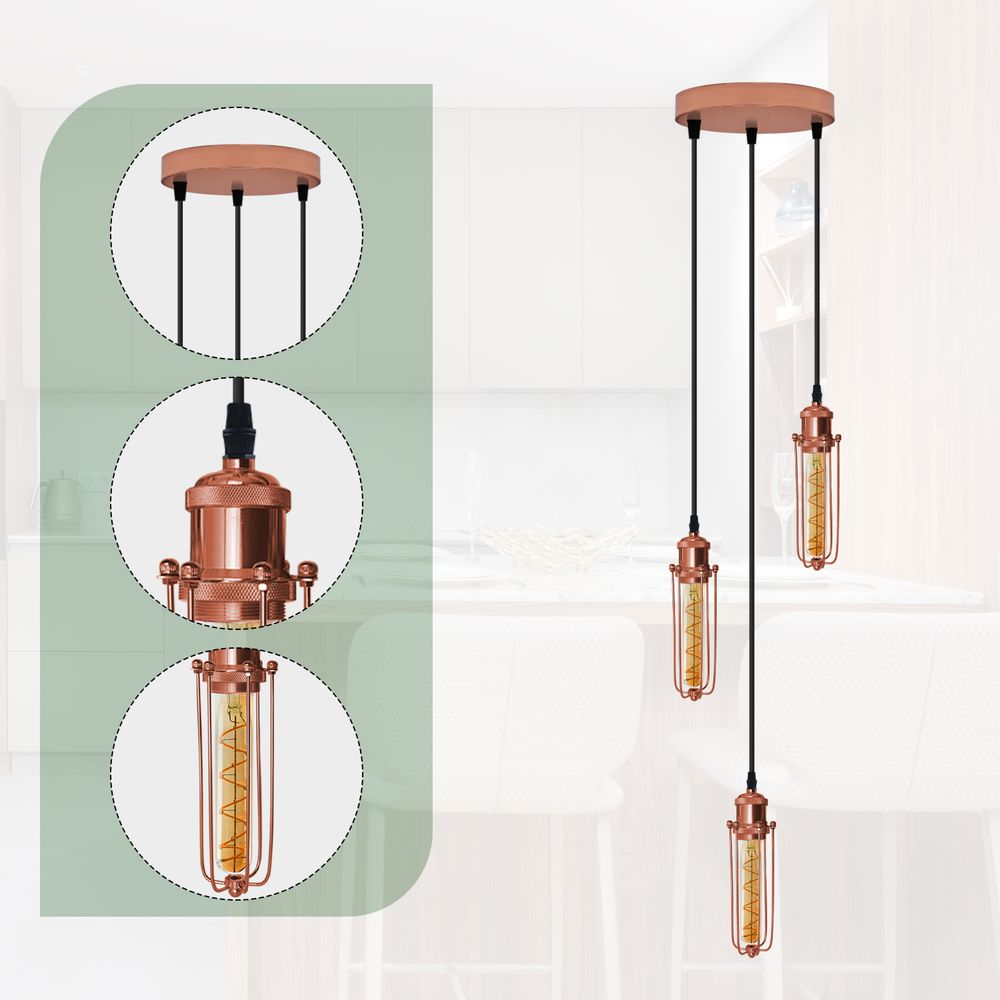 3 Head Round Base Rose Gold Ceiling E27 Pendant Light with Wire Cage - SILVIONIX