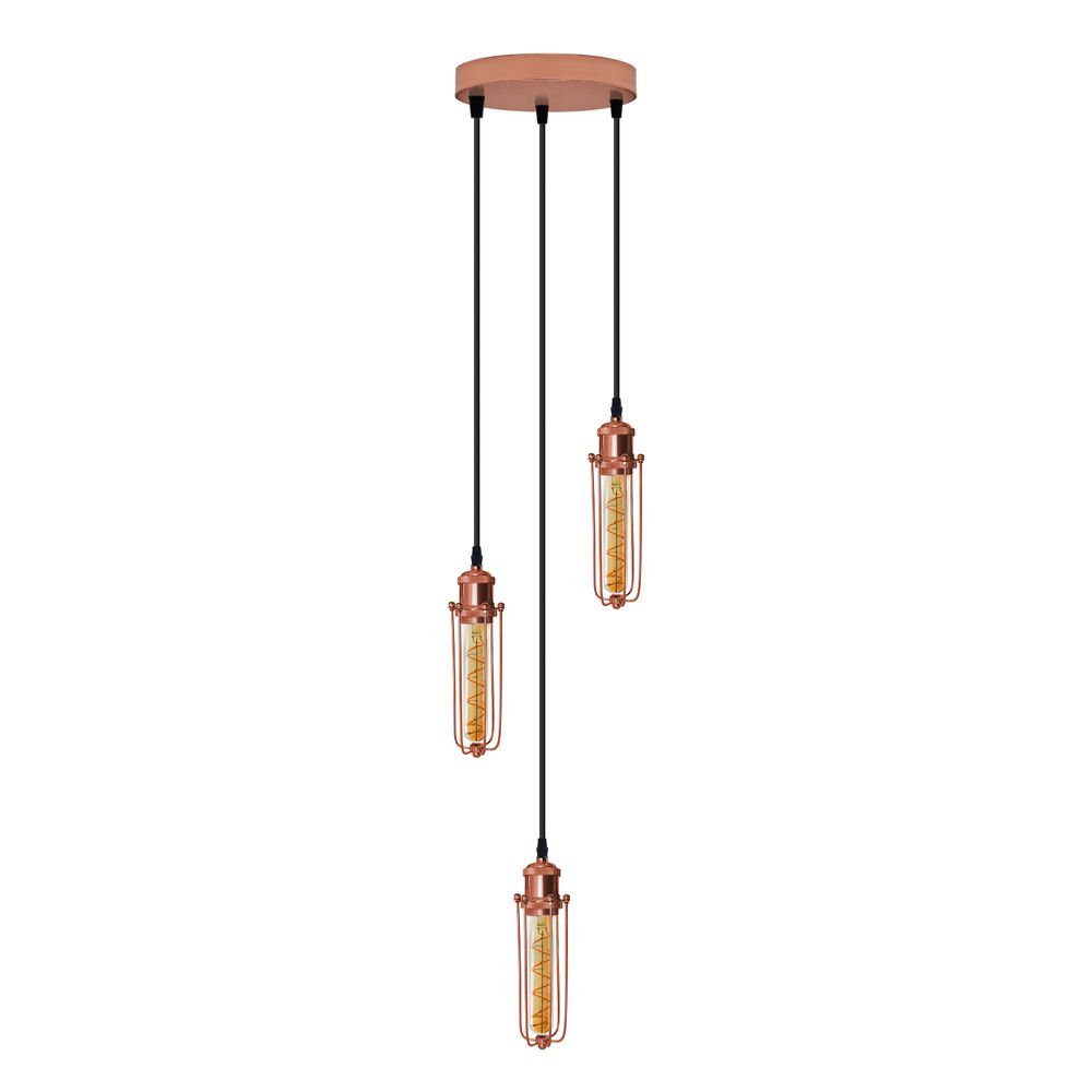 3 Head Round Base Rose Gold Ceiling E27 Pendant Light with Wire Cage - SILVIONIX