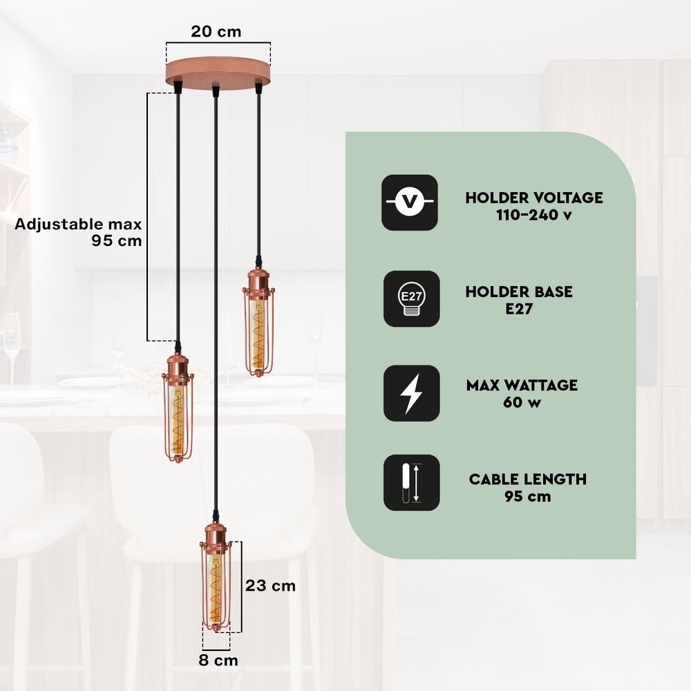 3 Head Round Base Rose Gold Ceiling E27 Pendant Light with Wire Cage - SILVIONIX