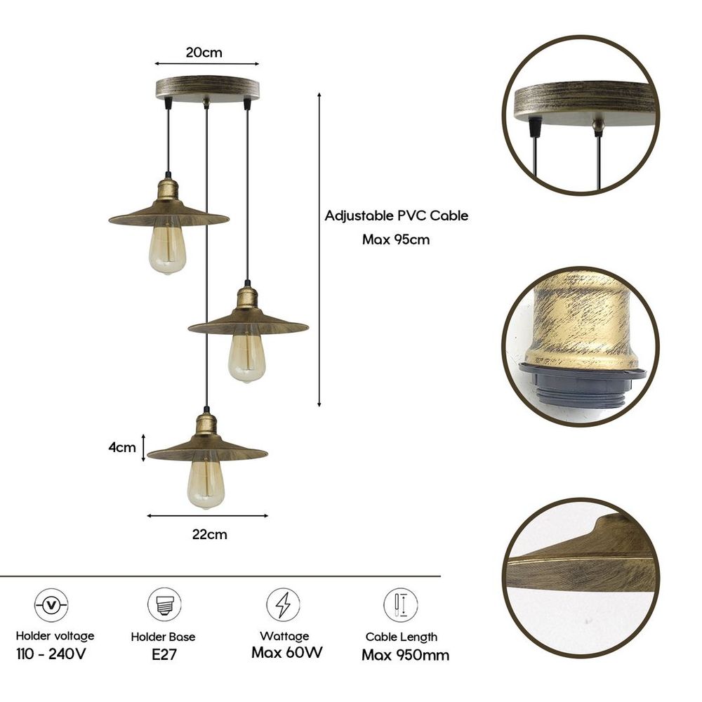 3 Head Vintage Industrial Brushed Brass Ceiling Pendant Easy Fit Light Metal 22cm Ceiling Lighting Shade - SILVIONIX