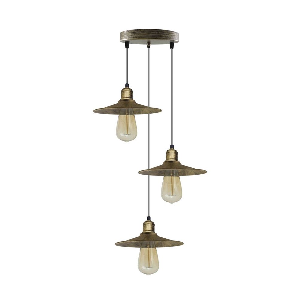 3 Head Vintage Industrial Brushed Brass Ceiling Pendant Easy Fit Light Metal 22cm Ceiling Lighting Shade - SILVIONIX