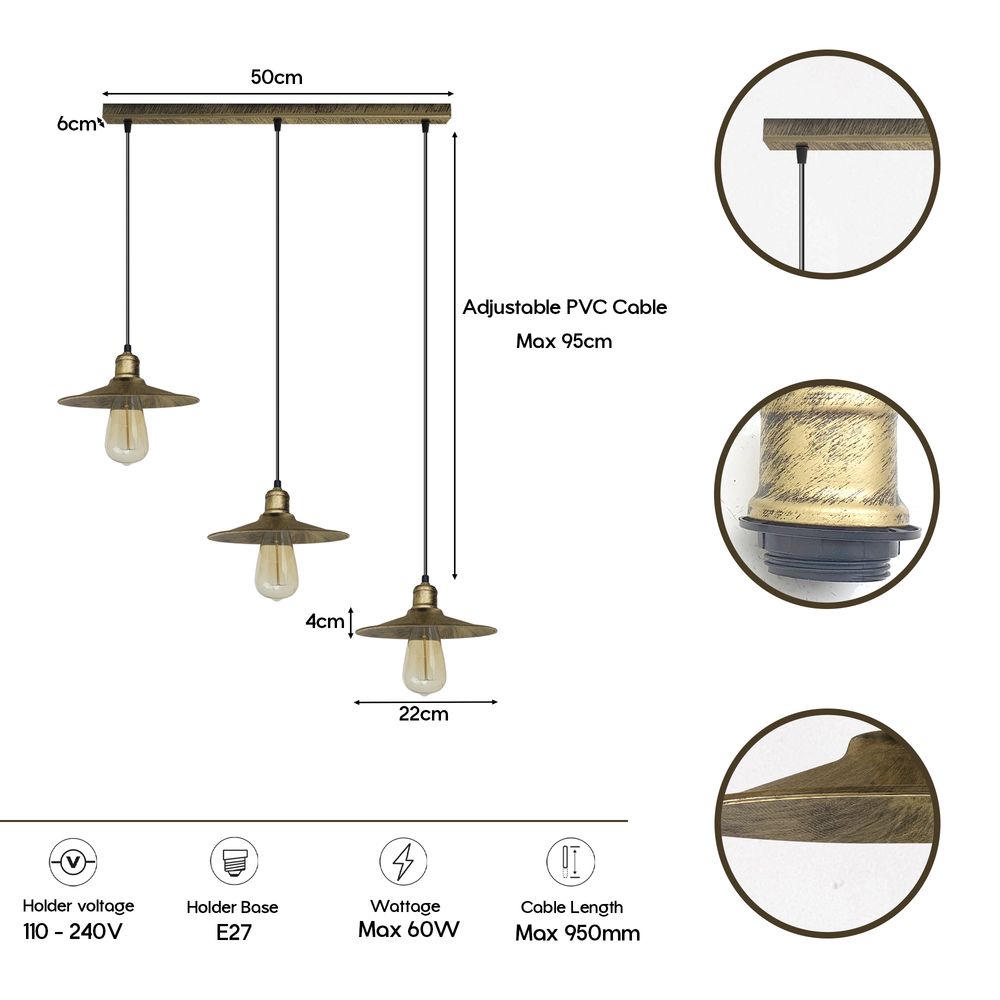 3 Head Vintage Industrial Brushed Brass Ceiling Pendant Easy Fit Light Metal 22cm Ceiling Lighting Shade - SILVIONIX