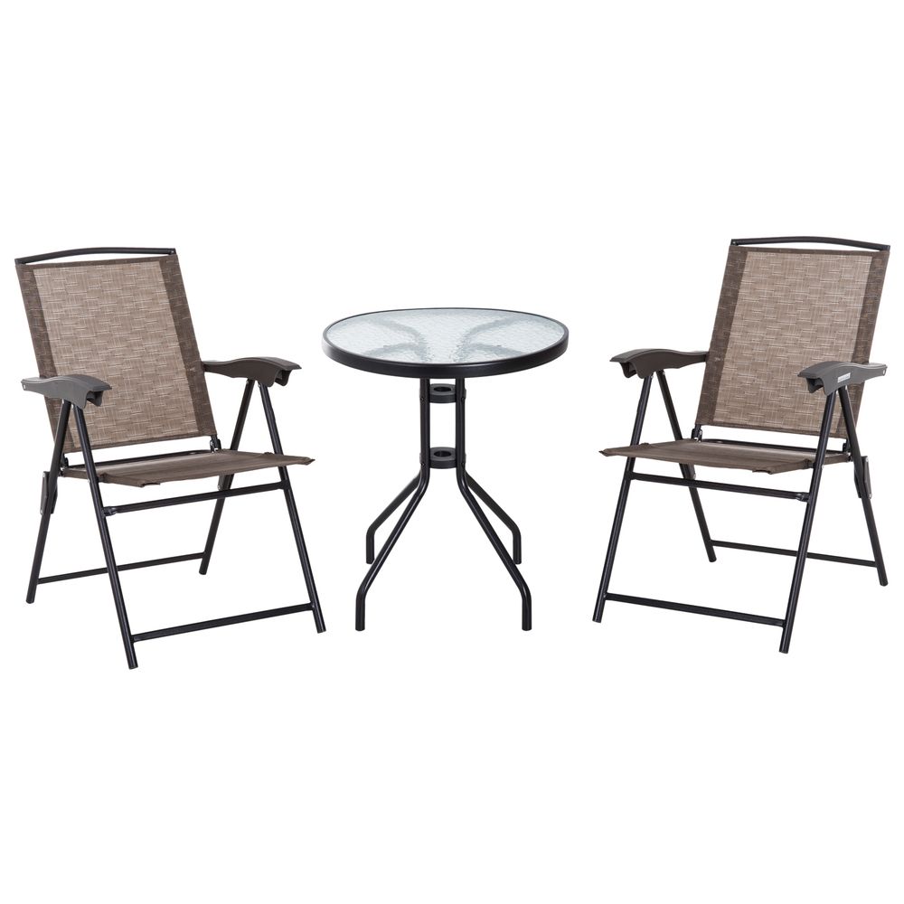 3 PCS Patio Furniture Bistro Set with Folding Chairs Tempered Glass Table Brown - SILVIONIX