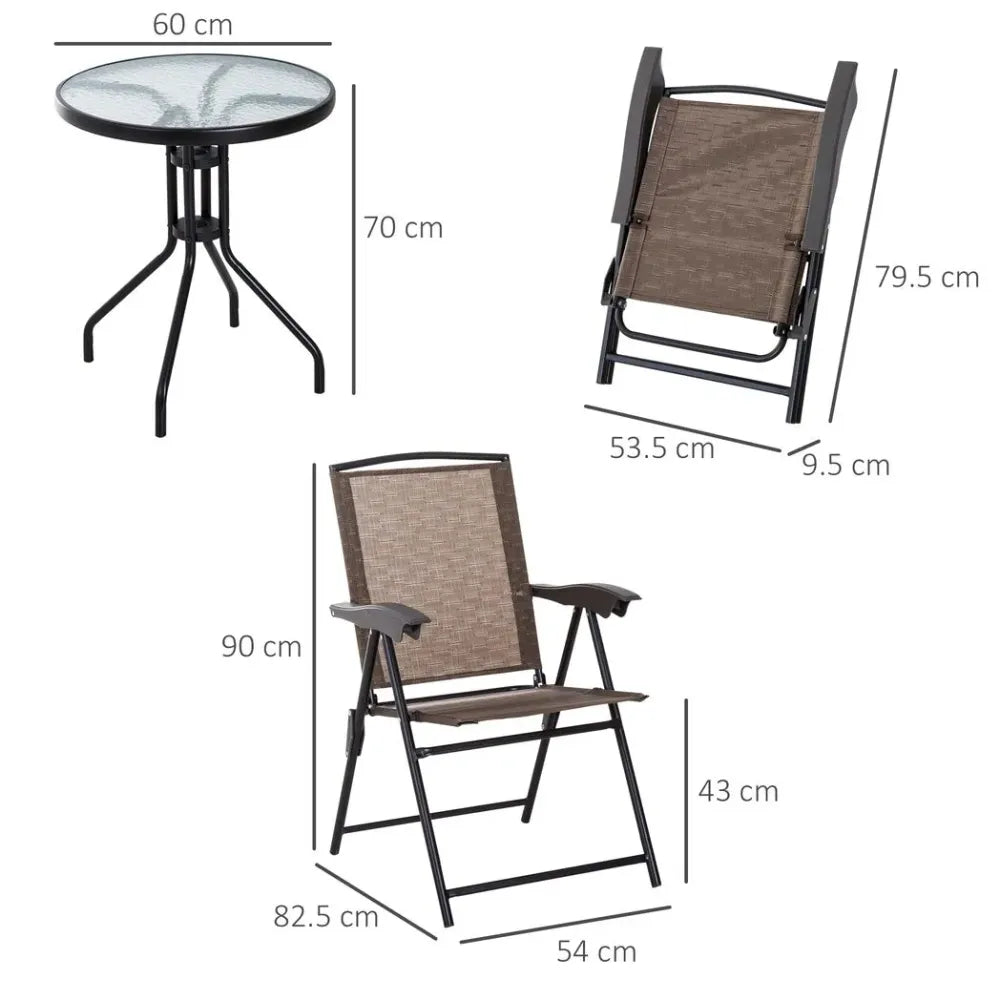 3 PCS Patio Furniture Bistro Set with Folding Chairs Tempered Glass Table Brown - SILVIONIX