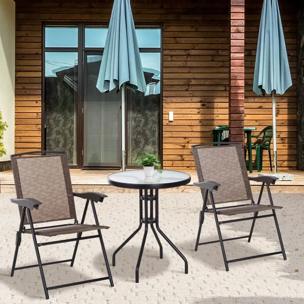 3 PCS Patio Furniture Bistro Set with Folding Chairs Tempered Glass Table Brown - SILVIONIX