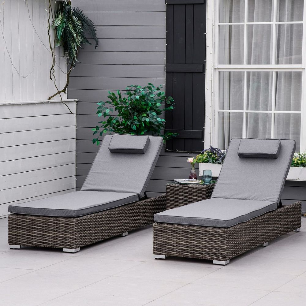 3 - PCS PE Rattan Wicker Sun Lounger Set Half - Round Wicker Recliner Bed - SILVIONIX