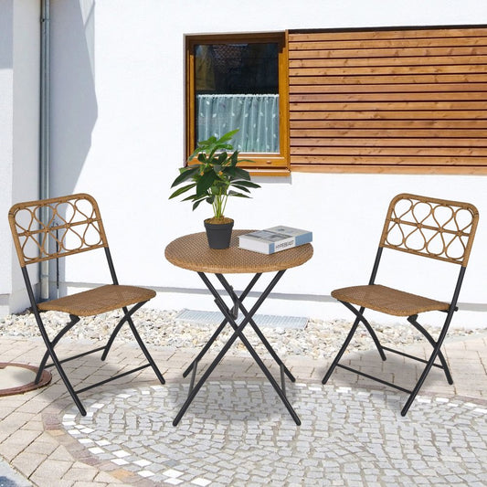 3 PCS Rattan Wicker Set Easy Folding, Hand Woven Rattan Coffee Table & Chairs - SILVIONIX