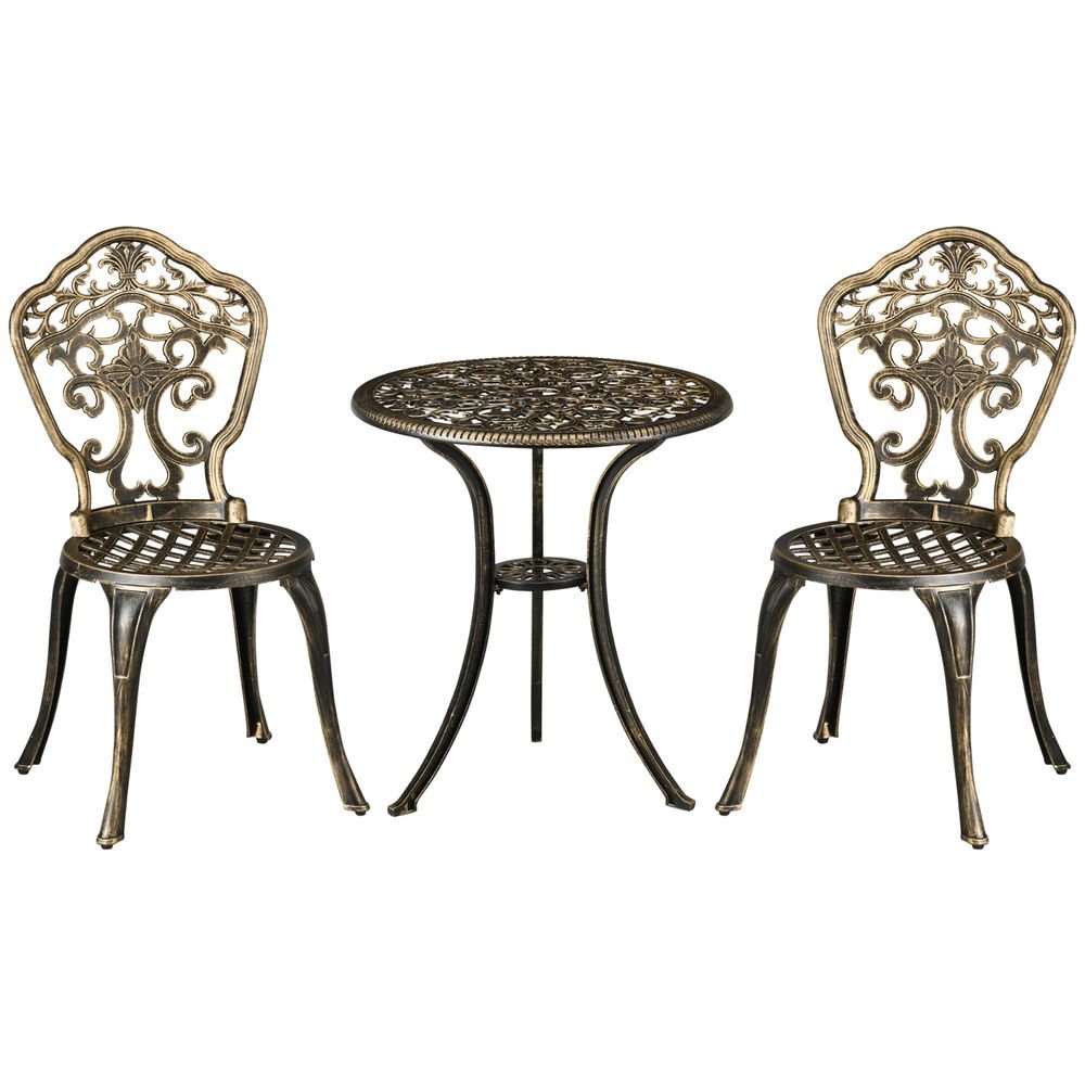 3 Piece Cast Aluminium Garden Bistro Set with Parasol Hole for Balcony, Patio - SILVIONIX