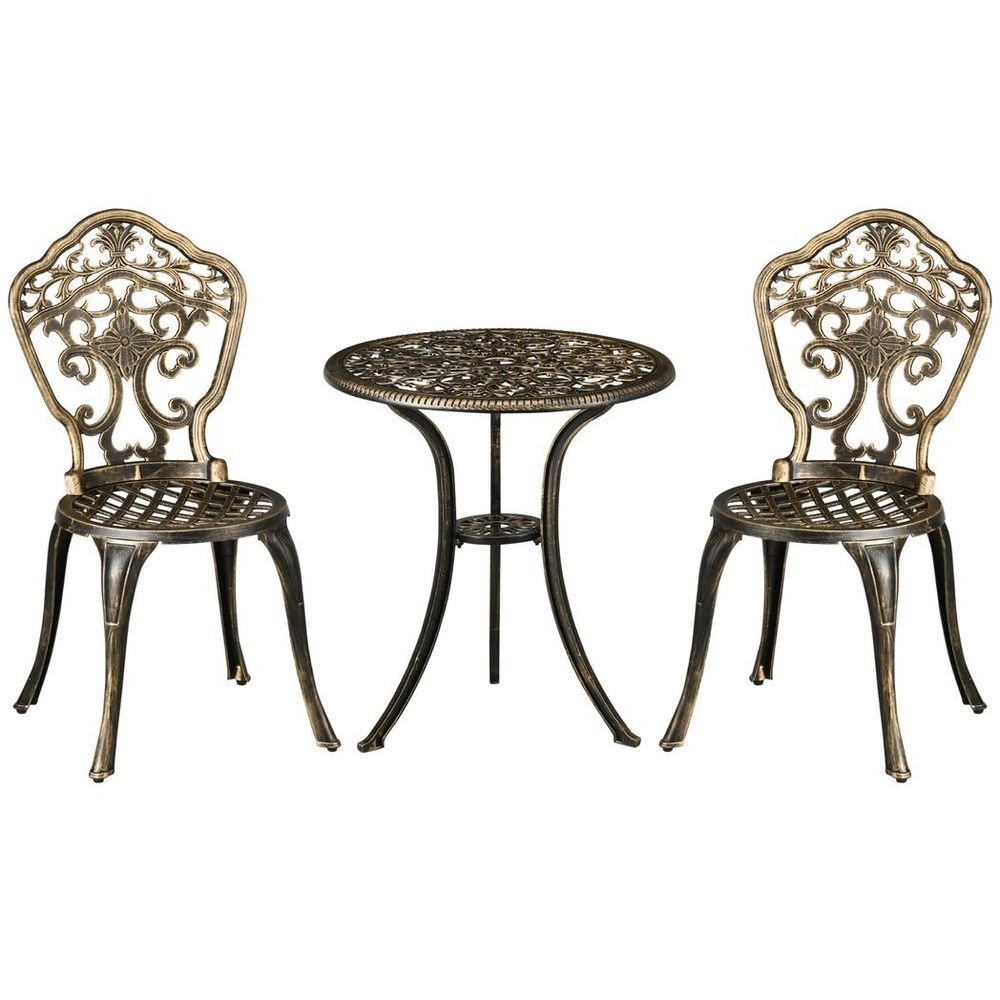 3 Piece Cast Aluminium Garden Bistro Set with Parasol Hole for Balcony, Patio - SILVIONIX