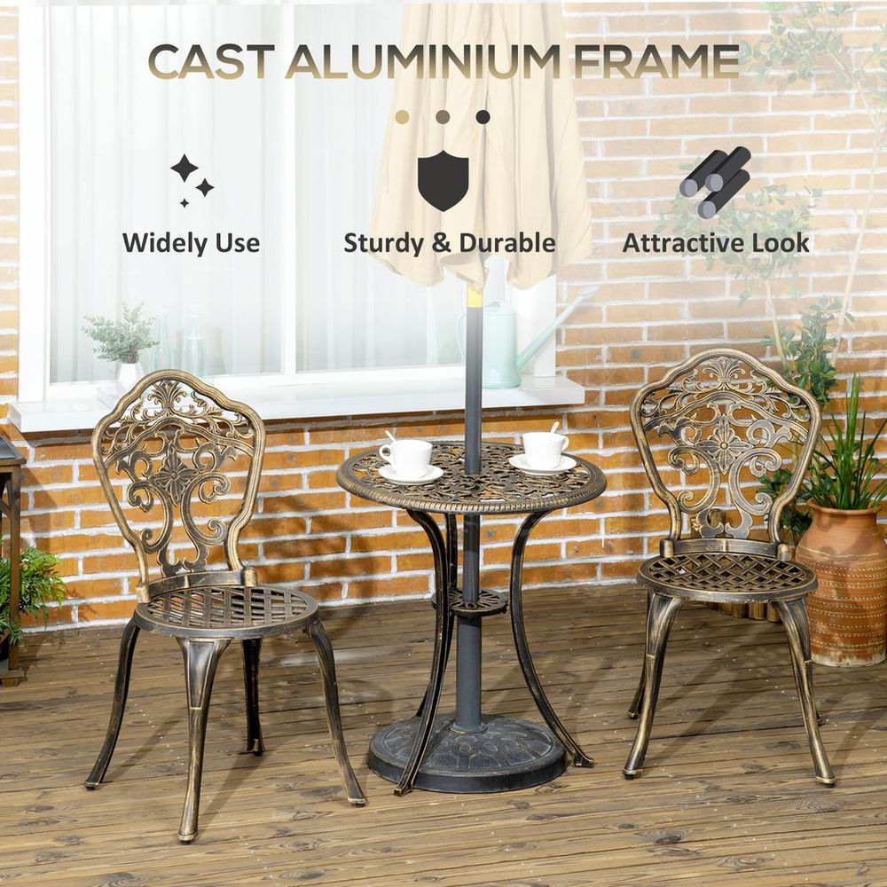 3 Piece Cast Aluminium Garden Bistro Set with Parasol Hole for Balcony, Patio - SILVIONIX