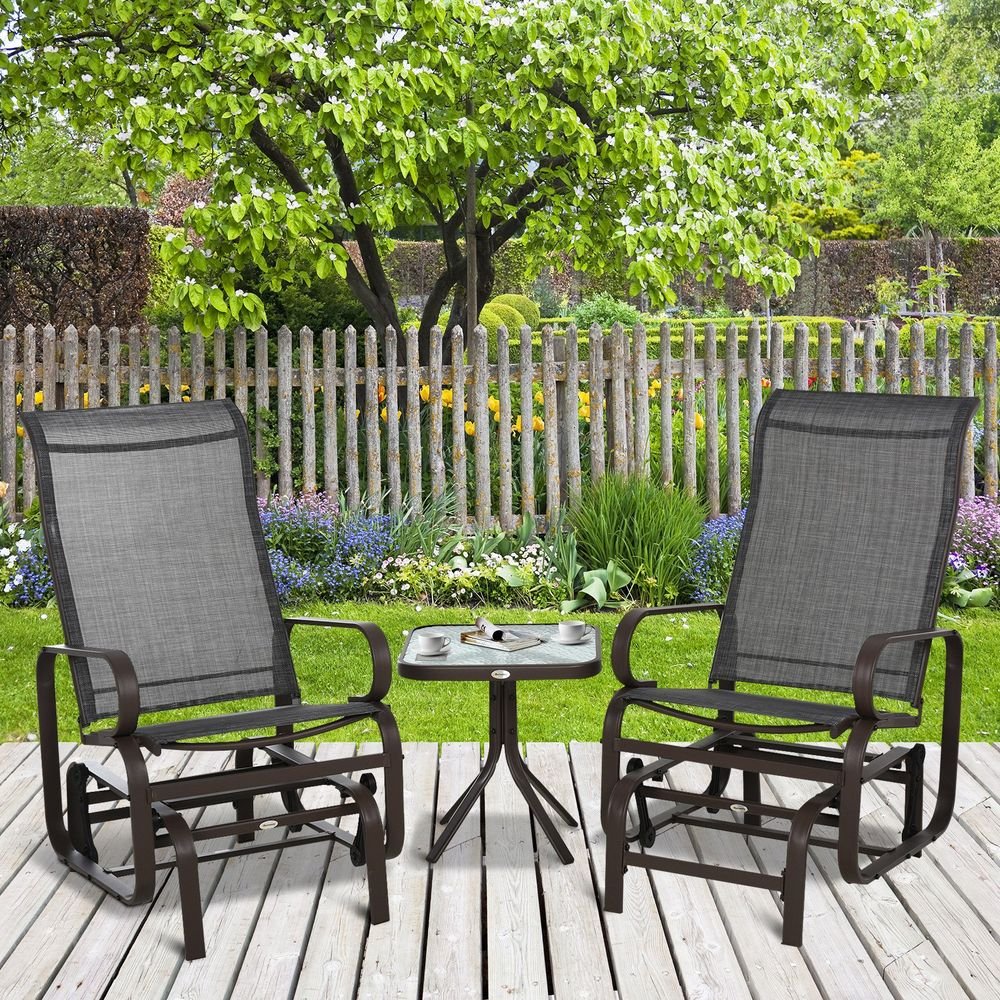 3 piece Outdoor Swing Chair with Tea Table Set, Patio Garden Rocking Furniture - SILVIONIX