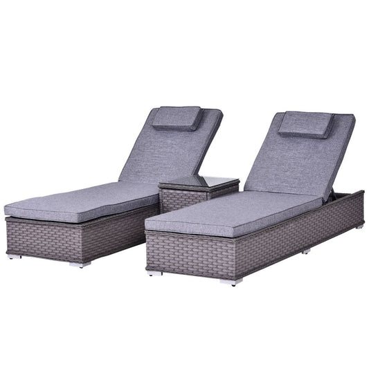 3 Piece Rattan Lounge Set, Side Table, 5 - Position Adjustable Recline Chair, Grey - SILVIONIX