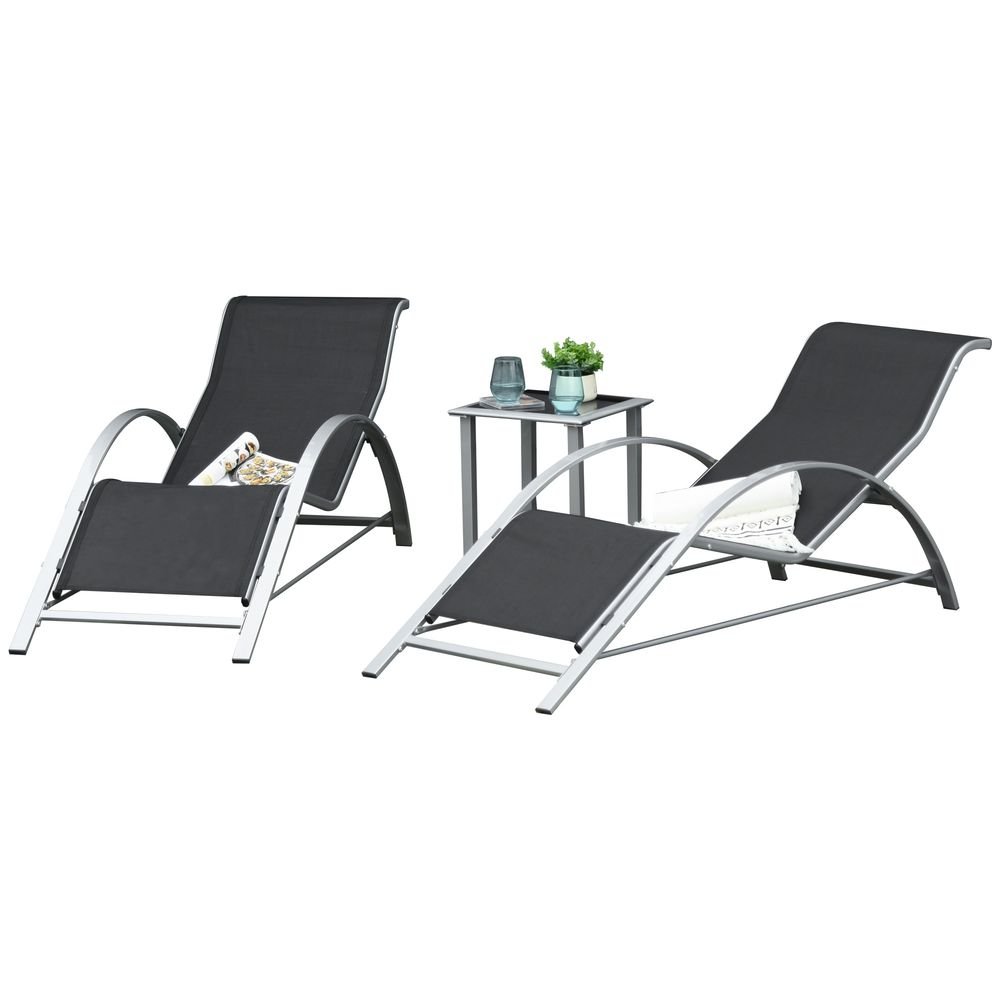 3 Pieces Lounge Chair Set Garden Sunbathing Chair w/ Table Black Outsunny - SILVIONIX