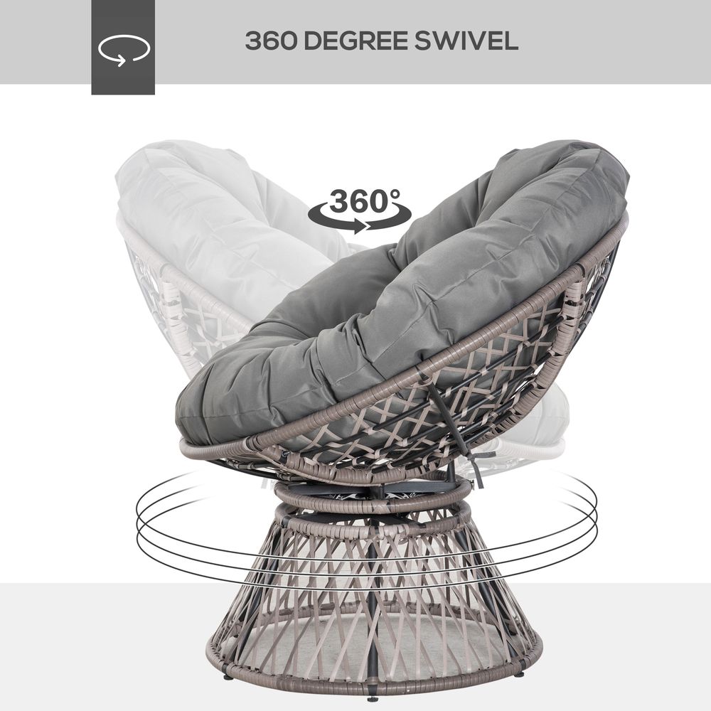 360� Swivel Rattan Papasan Moon Bowl Chair Round Outdoor Padded - Grey Outsunny - SILVIONIX