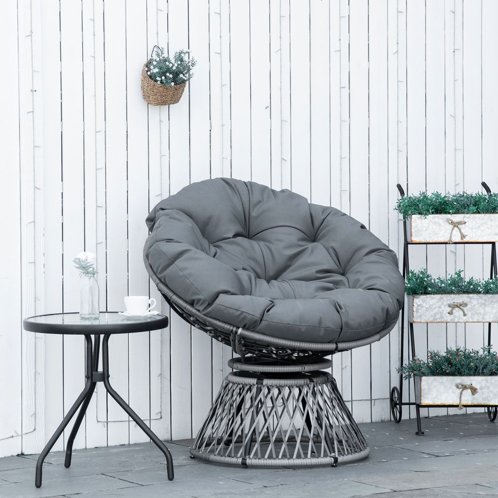 360� Swivel Rattan Papasan Moon Bowl Chair Round Outdoor Padded - Grey Outsunny - SILVIONIX