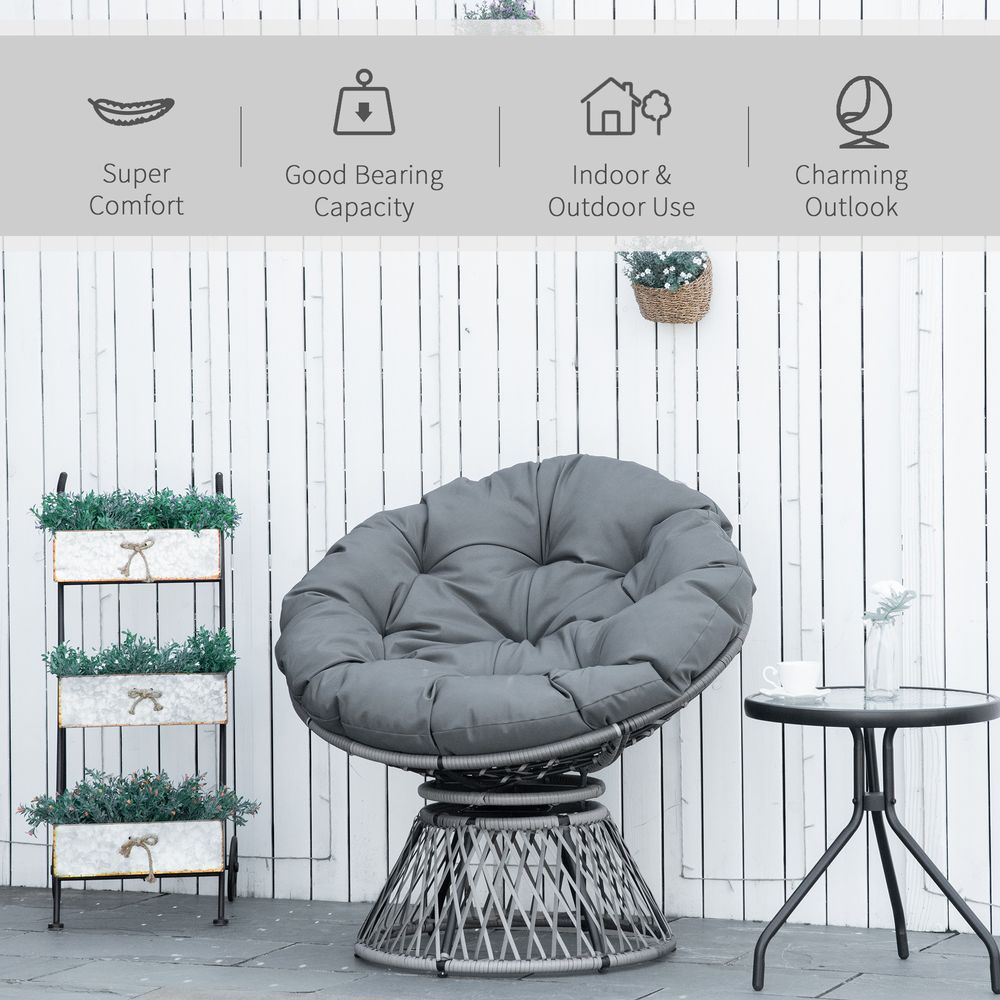 360� Swivel Rattan Papasan Moon Bowl Chair Round Outdoor Padded - Grey Outsunny - SILVIONIX