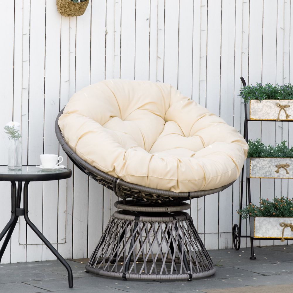 360� Swivel Rattan Papasan Moon Bowl Chair Round Outdoor w/ Padded Outsunny - SILVIONIX