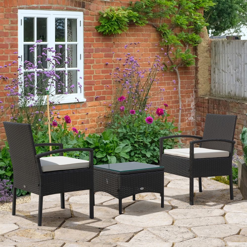 3PC Garden Rattan Bistro Set Balcony Dining Table 2 Seater Chair Outsunny - SILVIONIX