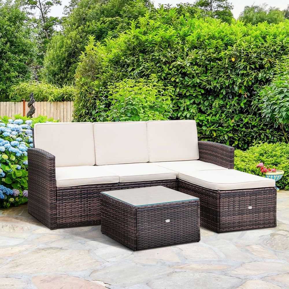 3PC Outdoor Patio Furniture Set Wicker Rattan 3 - Seater Sofa Chair Couch Brown - SILVIONIX