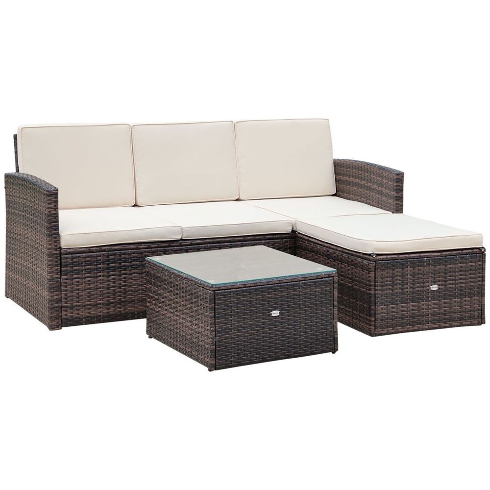 3PC Outdoor Patio Furniture Set Wicker Rattan 3 - Seater Sofa Chair Couch Brown - SILVIONIX