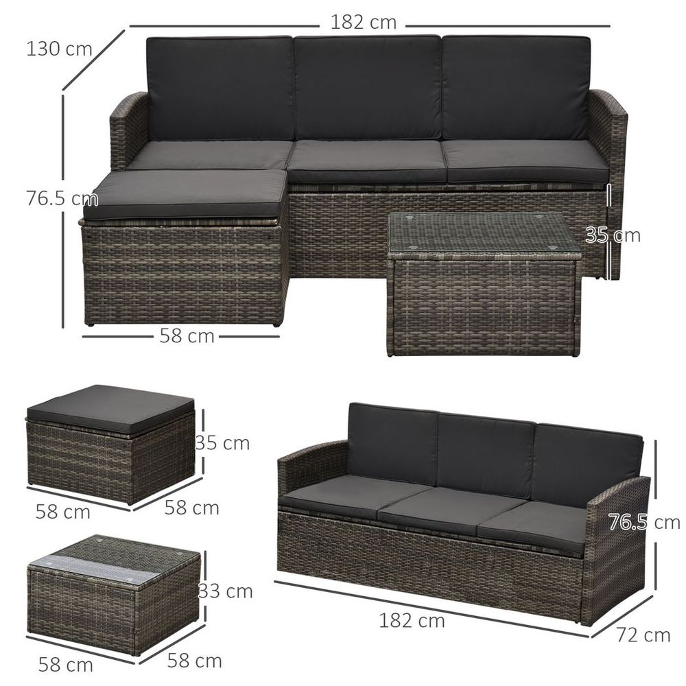 3PC Outdoor Patio Furniture Set Wicker Rattan 3 - Seater Sofa Chair Couch Grey - SILVIONIX