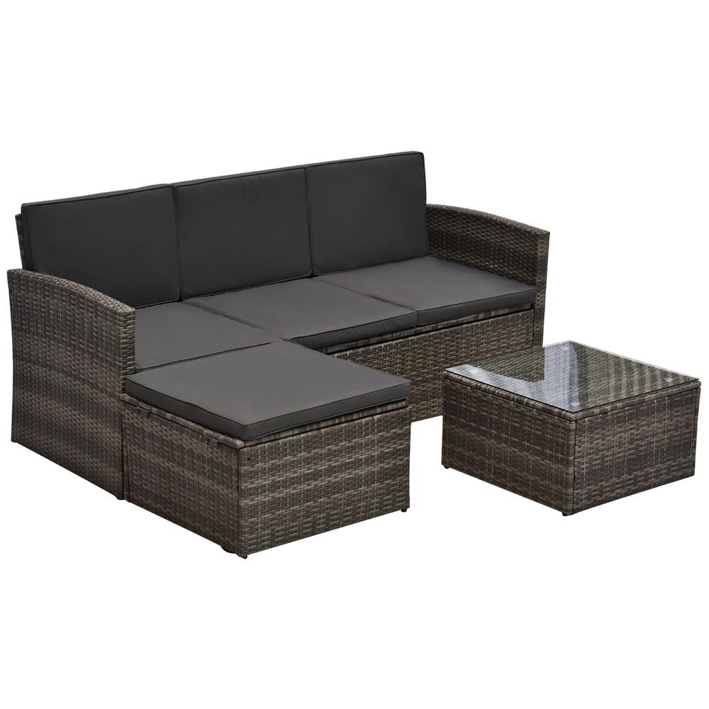 3PC Outdoor Patio Furniture Set Wicker Rattan 3 - Seater Sofa Chair Couch Grey - SILVIONIX